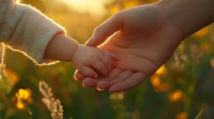 Tiny Hand, Unbreakable Bond: A tender image of a parent's hand gently holding their baby's tiny hand, symbolizing the unwavering love and connection between them. The warm sunlight filters through.