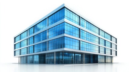 3D modern corporate office building, soft and minimal design, isolated on a bright white background with empty space for text or graphics.