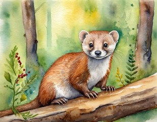 Fototapeta premium A cute animal, likely a marten, perches on a log among lush greenery, with a soft, colorful forest background in watercolor style.