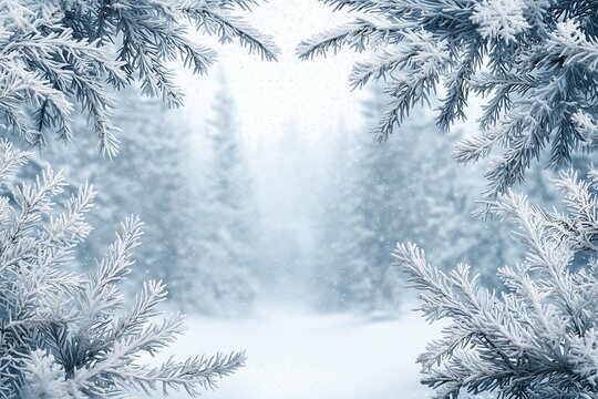 Frosty winter scene with snow covered pine branches framing a snowy forest path