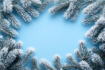 Frosty frame of snow covered pine branches on a light blue background, top view