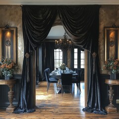 Fototapeta premium [Elegant formal dining room interior design ideas] Elegant Formal Dining Room Interior with Ornate Chandelier and Hardwood Flooring