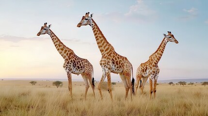 Obraz premium Wildlife safaris showcase wild animals and stunning sunset views. Three giraffes standing in golden grassland at sunset.