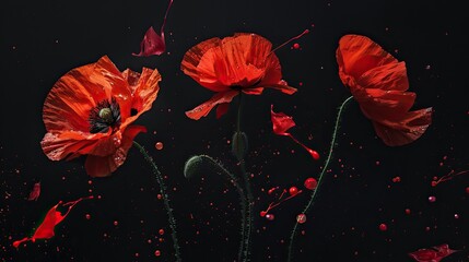 Three red poppies