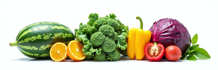 Fresh Produce Isolated On A White Background Features Watermelon, Kale, Orange, Red Cabbage, And Yellow Pepper Arranged Neatly. 00003