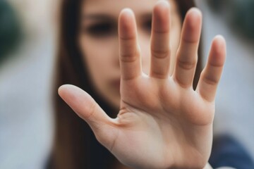 A woman holding her hand up in the air, possibly in a gesture of surrender or supplication