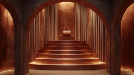 Obraz premium Elegant Brown Handbag Displayed On Circular Steps