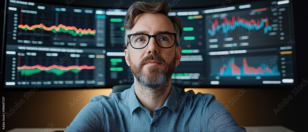 Poster a focused individual analyzes data displayed on multiple screens, emphasizing a professional setting