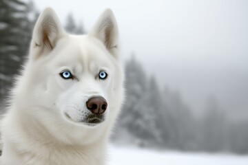 Obraz premium White siberian husky dog looking away in snowy forest