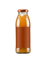 Orange juice in glass bottle with orange copy space label on white background. Apricot, peach, carrot, pumpkin, sea buckthorn, citrus. Fruit, vegetable juices. Compote. Mors. Smoothie. Drink concept