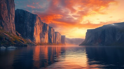 Majestic Sunset Over Serene Fjords with Reflections and Colors