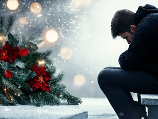 A grieving person sitting near a snow-covered gravestone adorned with red poinsettias and evergreen branches, with snowfall in the background