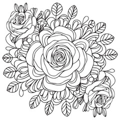 Flower coloring page. Flower coloring book pages. Flower vector black and white line art sketch drawing. Rose coloring pages for adults. Rose flower vector. Hand drawn floral background illustration.