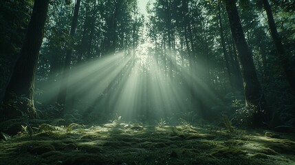 Sunlight Rays Illuminating Serene Forest Landscape with Green Foliage