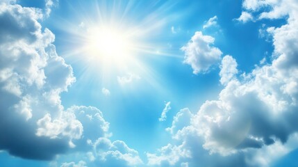 Bright sun shining through fluffy white clouds in a vivid blue sky. (1)