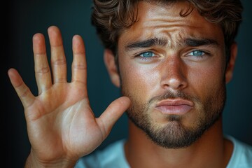 A close-up shot of a person with their hands raised in a defensive or protective gesture
