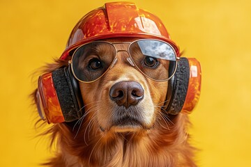 Cool Golden Retriever dog wearing a hard hat, sunglasses, and earmuffs against a vibrant yellow background.  Perfect for construction, safety, or fun pet themes.