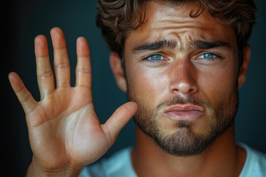 A close-up shot of a person with their hands raised in a defensive or protective gesture