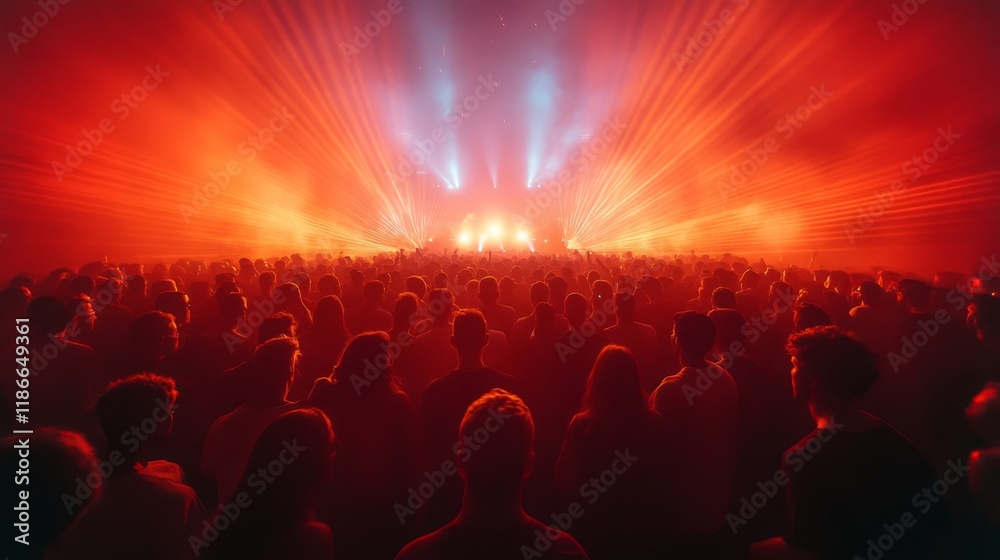 Poster a vibrant crowd fills the venue, captivated by the performance on stage as bright red lights and bea