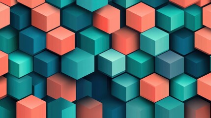 Obraz premium Abstract background of teal and coral cubes in a hexagonal pattern.