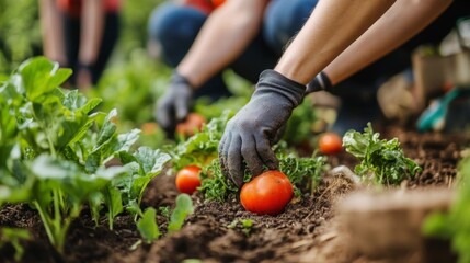 Fototapeta premium Harvesting Tomatoes: Hands in black gloves carefully pick ripe red tomatoes from a lush vegetable garden, showcasing the fruits of labor and the bounty of nature.