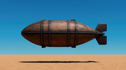 Rusty steampunk airship floats over desert.