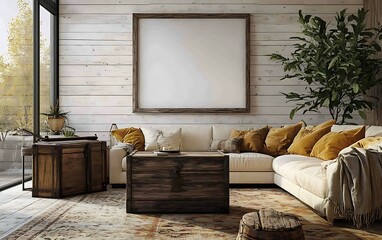 Rustic living room design, sectional sofa, large frame, autumnal background, home decor inspiration