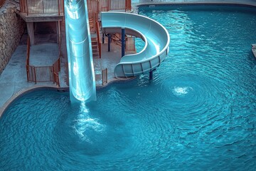 A fun water slide in the center of a swimming pool, perfect for summer vacations or family gatherings