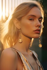 Elegant blonde woman in golden sunlight, fashion portrait