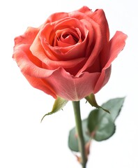 Red rose with green leaves on a white isolated background