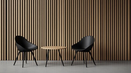 Modern Minimalist Interior Design: Two Black Chairs and Wooden Table Against a Striking Wooden Wall