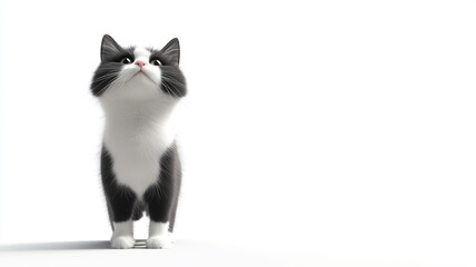 Fototapeta premium Adorable Black and White Kitten Looking Up Cute Pet Studio Shot White Background