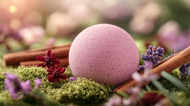 Elegant pink bath bomb surrounded by flowers and fragrant spices on lush green moss in a serene setting