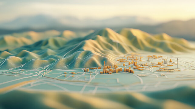Explore this stunning 3D topographic landscape model, highlighting mountainous terrain and urban planning, perfect for geospatial analysis enthusiasts.