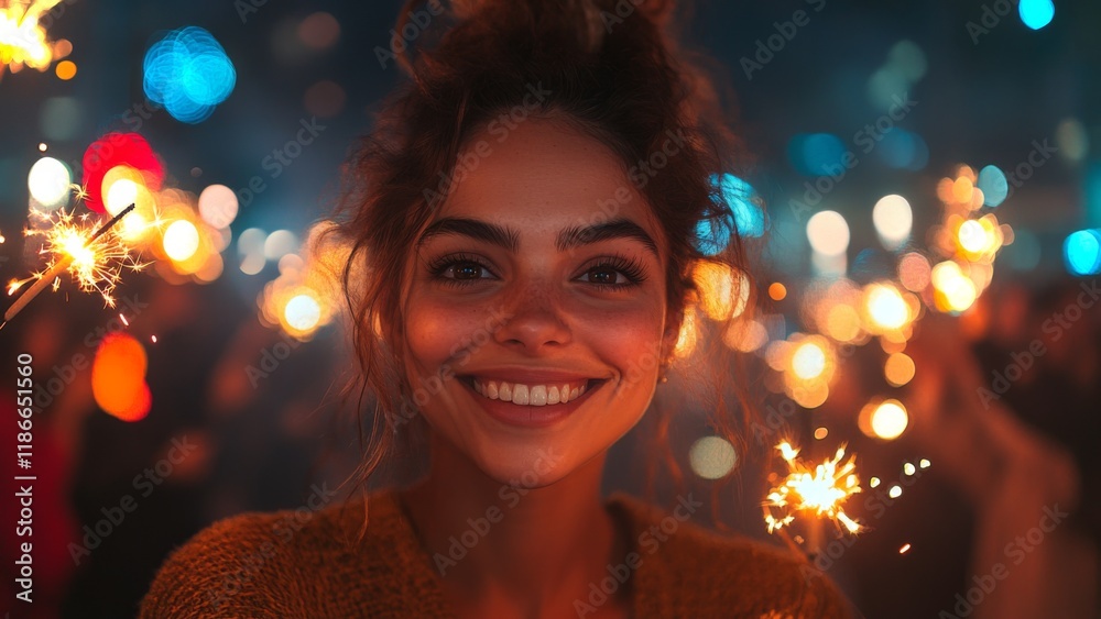 Poster a young woman smiles brightly while holding sparklers, surrounded by a joyful crowd at night. the sc