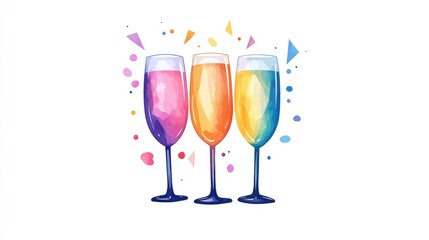 Three colorful champagne flutes with confetti.