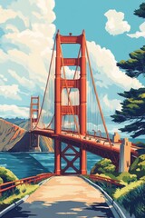 An illustration poster design of golden state bridge
