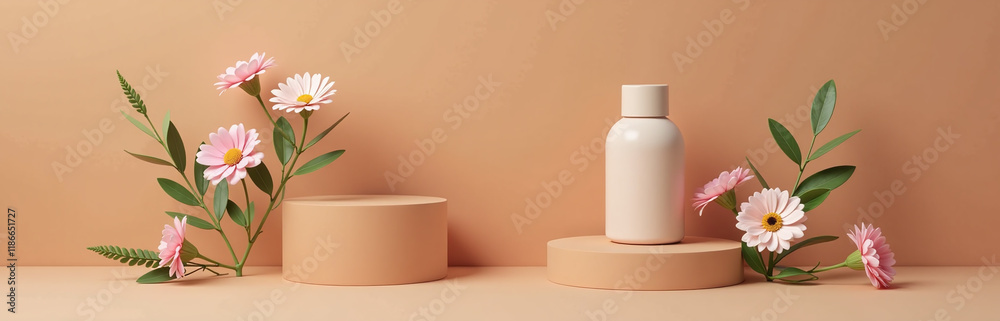 Poster Flowers Are Placed On A Simple Brown Podium With A Minimalist Design For Presenting Products In A Clean Atmosphere. 00003