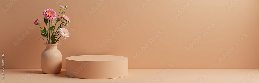 Poster Flowers Are Placed On A Simple Brown Podium With A Minimalist Design For Presenting Products In A Clean Atmosphere. 00002