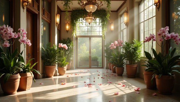 Elegant Sunlit Hallway with Pink Orchids and Scattered Petals. AI Generation