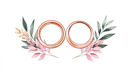 Obraz premium Watercolor wedding rings with floral wreath.