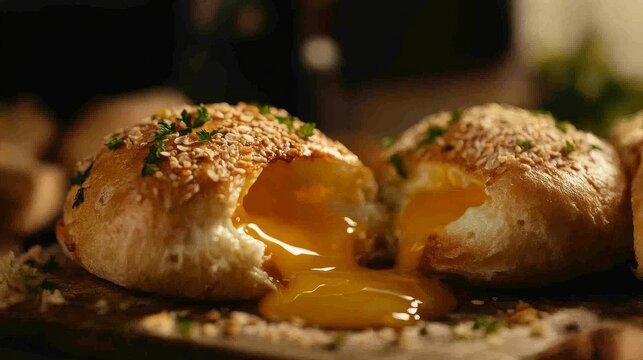 Beauty shots of the onzen egg on the bread with yolk spilling out