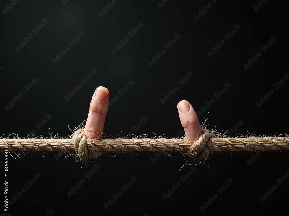 Poster fingers walking over a frayed rope with textured black background, copy space for text overlay in mi
