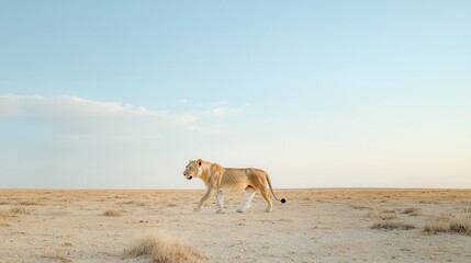 Wildlife safaris showcase wild animals and stunning sunset views. Lion walking across a vast, dry landscape under a clear sky.