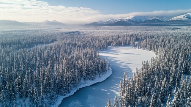Vast winter landscape showcasing a frozen river winding through snow-covered coniferous forests beneath a cloudy blue sky in a mountainous region