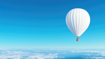 Fototapeta premium White hot air balloon floats above fluffy clouds in a clear blue sky.
