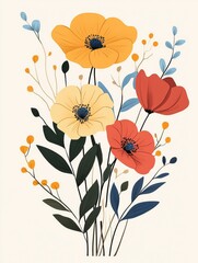 Colorful floral arrangement featuring yellow, orange, and red blooms against a light background in a vibrant and artistic style