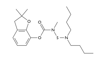 carbosulfan molecule, structural chemical formula, ball-and-stick model, isolated image insecticide
