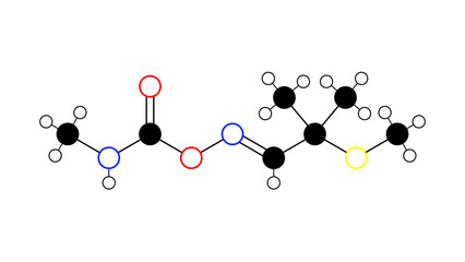 aldicarb molecule, structural chemical formula, ball-and-stick model, isolated image pesticide