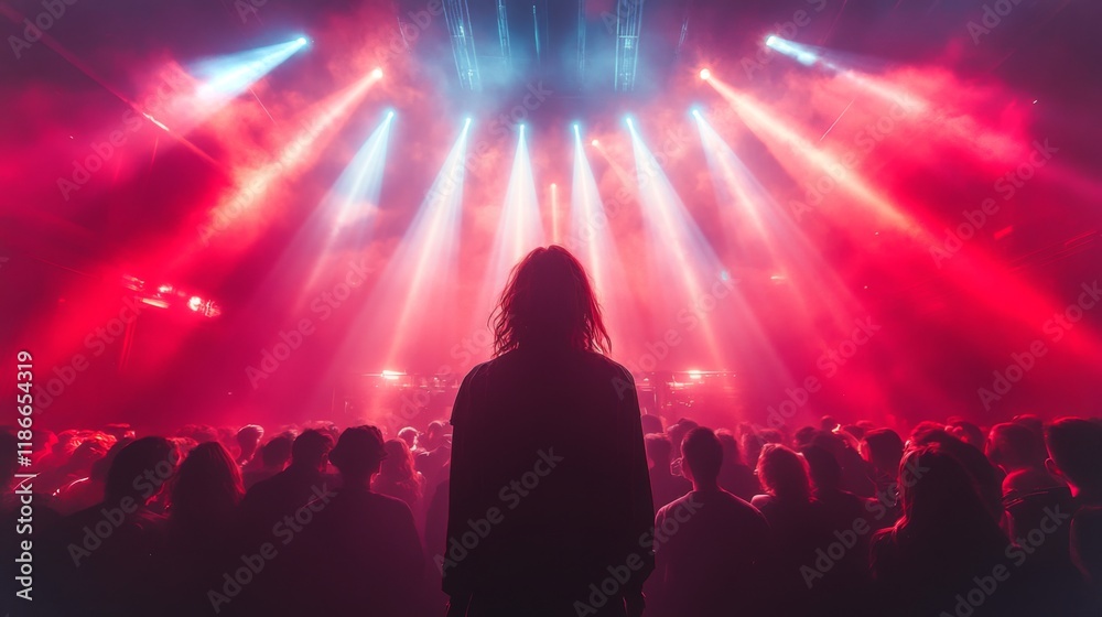 Poster A person stands in front of a cheering crowd, illuminated by a striking display of red and blue lights. The energetic concert atmosphere fills the large indoor space, creating excitement.